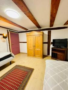 Cette chambre comprend un lit, une télévision et un tapis. dans l'établissement Eine Etage im historischen Gästehaus bei Magdeburg, à Barleben