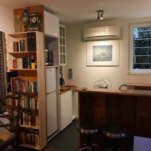 a kitchen with a refrigerator and a book shelf with books at Caravaggio Boutique Suites in Antwerp