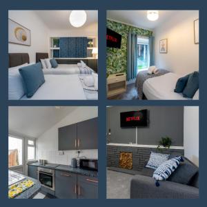 a collage of four pictures of a hotel room at Bright and Modern 4 bed house- TV IN EVERY ROOM in Port Talbot