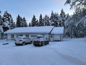 due auto parcheggiate di fronte a un edificio nella neve di Telemark Motel and Apartment a Hauggrend