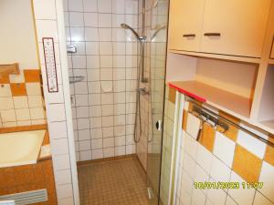 y baño con ducha y lavamanos. en Gästezimmer Zittau - Bed & Breakfast, en Zittau