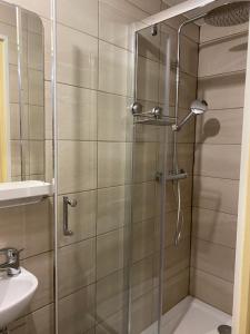 prysznic ze szklanymi drzwiami w łazience w obiekcie La Chambre d'Angèle w mieście Sedan +28 zdjęć