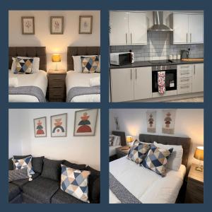 a collage of four pictures of a kitchen and a living room at Bridge Place - Spacious home with plenty of beds! in Merthyr Tydfil