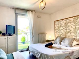 a bedroom with a bed and a tv and a window at Bel Appartement T3 de 60m2 avec Parking, Terrasse, proche du Métro et du Périph in Toulouse