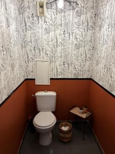 uma casa de banho com WC e papel de parede em Snug & Cosy proche gare PartDieu, accès facile aéroport et Eurexpo em Villeurbanne