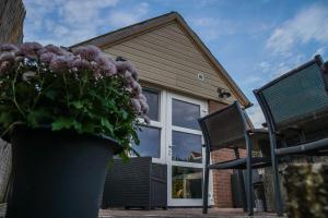 two chairs and a pot of flowers in front of a house at Emmen bed and breakfast in Emmen