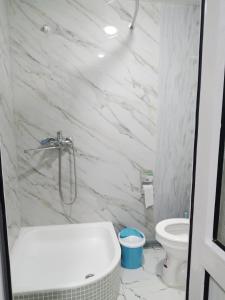 Baño blanco con lavabo y aseo en Hotel Sohibqiron Boutique en Bukhara