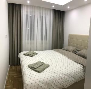 um quarto com uma cama com duas toalhas em Central Lakeview Apartment, East Sarajevo em Lukavica