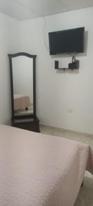 1 dormitorio con cama, espejo y TV en Apartaestudio, en Santa Marta