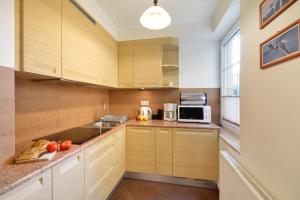 a kitchen with wooden cabinets and a counter top at NORTH Apartments Blue-Velvet, parking in Ustka