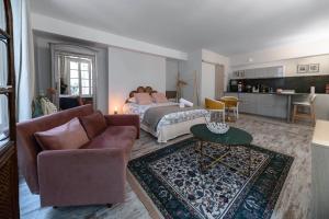 un salon avec un canapé et un lit dans l'établissement Résidence Aristide Briand - Appartements en Centre Ville, à Vichy