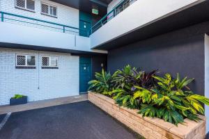 un edificio con una puerta azul y algunas plantas en Comfort Inn All Seasons en Ballina