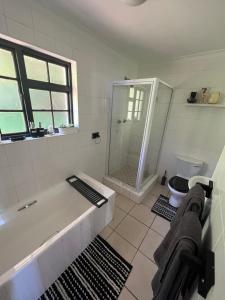 a bathroom with a shower and a tub and a toilet at Getaway cottage in Lovemore Park