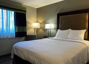 een groot bed in een hotelkamer met twee lampen bij Econo Lodge Spring Lake near Fort Bragg in Spring Lake