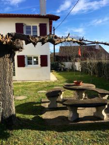 un tavolo da picnic in pietra in un cortile accanto a un albero di Charmante maison à Arcangues avec vue sur les montagnesEL ad Arcangues
