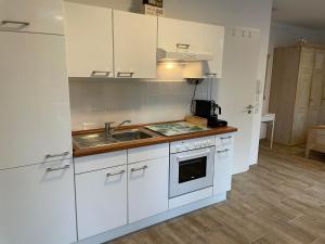 eine Küche mit weißen Schränken und einem Waschbecken in der Unterkunft Tolles Apartment in idyllischer ruhiger Lage in Braunschweig