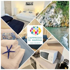 eine Collage mit Fotos eines Hotelzimmers mit einem Bett und einem TV in der Unterkunft Approdo di Marina in Vietri