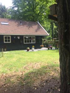 een zwart huis met een tuin en een huis met een boom bij Het Veenhuisje in Norg