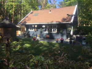 een huis met een tuinhuisje in een tuin bij Het Veenhuisje in Norg