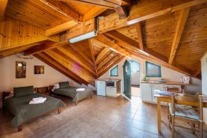 uma ampla sala de estar com tectos em madeira e uma cozinha em Theros Retreat em Spartia