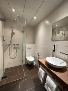 a bathroom with a shower and a sink and a toilet at Residence am Marktplatz in Interlaken