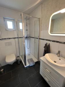 a bathroom with a shower and a toilet and a sink at Ferienhaus Markus - Grömitz OT Brenkenhagen in Grömitz