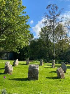 um grupo de rochas num campo de relva em Dog friendly cottage with woodland & lake em Helston