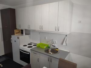 a small kitchen with white cabinets and a sink at ROSA in Vrnjačka Banja