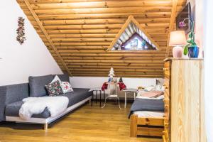 een woonkamer met een bed en een tafel bij Willa Golasówka in Muszyna