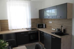 a kitchen with black cabinets and a sink and a window at Flower Apartman 3 