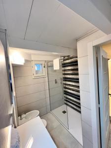 a small bathroom with a shower and a toilet at La dimora sul porto in Termoli