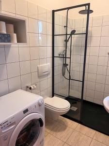 ein Badezimmer mit einer Waschmaschine und einem WC in der Unterkunft Herdade da Vagem in Rogil