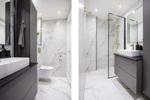 twee afbeeldingen van een badkamer met wastafel en toilet bij Amazing luxury apartment in Kopenhagen