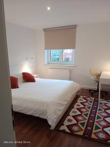 a bedroom with a white bed and a window at precioso apartamento 1B in Augustusburg