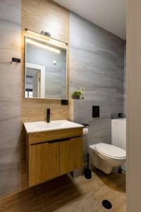 a bathroom with a sink and a toilet and a mirror at Boutique Central old town Apartment in Beer Sheva