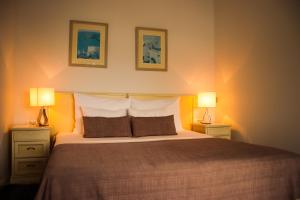 a bedroom with a large bed with two lamps at Hotel Bozica Dubrovnik Islands in Suđurađ