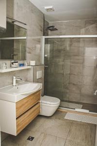 La salle de bains est pourvue d'un lavabo, de toilettes et d'une douche. dans l'établissement Hotel Bozica Dubrovnik Islands, à Suđurađ