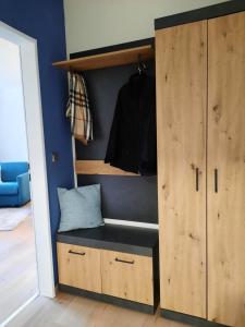 een kast met houten kasten en een blauwe muur bij Meisensuite in Hahnenklee-Bockswiese