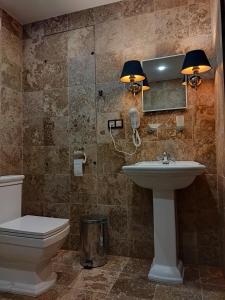 ein Badezimmer mit einem Waschbecken, einem WC und einem Spiegel in der Unterkunft Hotel Cade in Písek