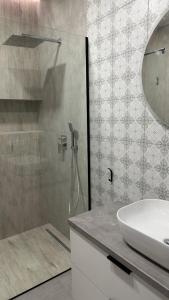 a bathroom with a sink and a shower with a mirror at Apartamenty Mickiewicza40 in Śrem