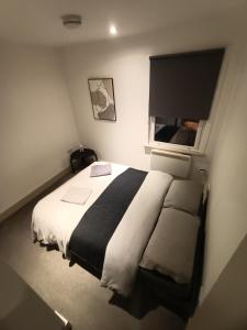 Lovely 1 bedroom apartment in London في لندن: غرفة نوم بسرير كبير وتلفزيون بشاشة مسطحة