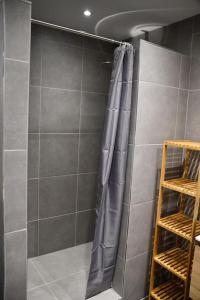 um chuveiro com uma cortina de chuveiro azul na casa de banho em Logement in wood (400 mètres de Pairi Daiza) em Bolignies