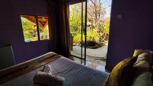 a bedroom with a bed and a large window at Elephant Trail Guesthouse and Backpackers in Kasane