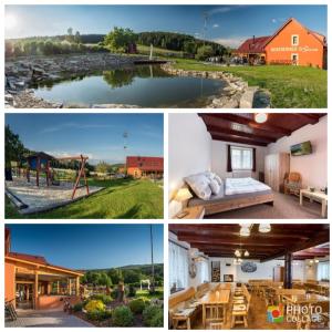 a collage of pictures of a house and a playground at Penzion u Sevcu in Holubov