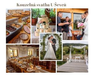 a collage of photos of a bride and groom cutting their wedding cake at Penzion u Sevcu in Holubov