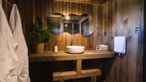 een badkamer met een wastafel en een spiegel bij Domos Anulen in Puerto Varas