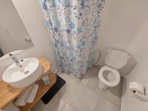 baño con lavabo y aseo con cortina de ducha en Posada Las Chacras en Luján de Cuyo