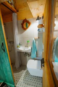 La petite salle de bains est pourvue de toilettes et d'un lavabo. dans l'établissement Tree House Alpinka Krvavec, à Cerklje na Gorenjskem