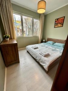 Un dormitorio con una cama grande y una ventana en Ruski Boulevard, en Plovdiv