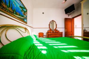 a bedroom with a green bed and a mirror at Sole Holiday House in Pontone